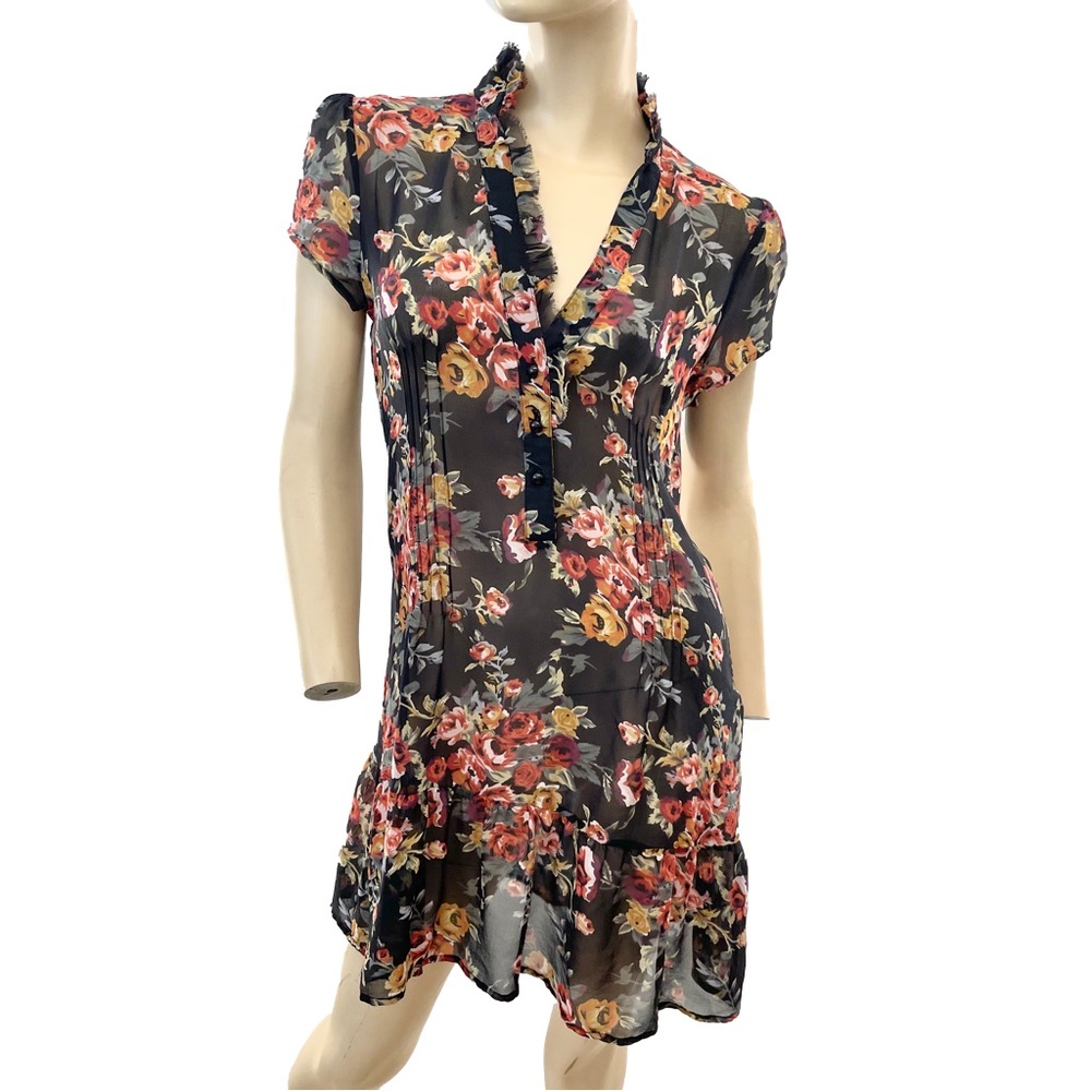 Kimchi Blue - 100% Silk Sheer Black Floral Mini Dress- L